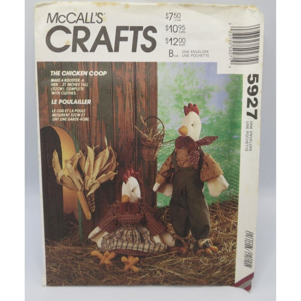 McCall's 5927 Crafts Chicken Rooster Dolls Clothes 21" Tall 1992 Farmhouse